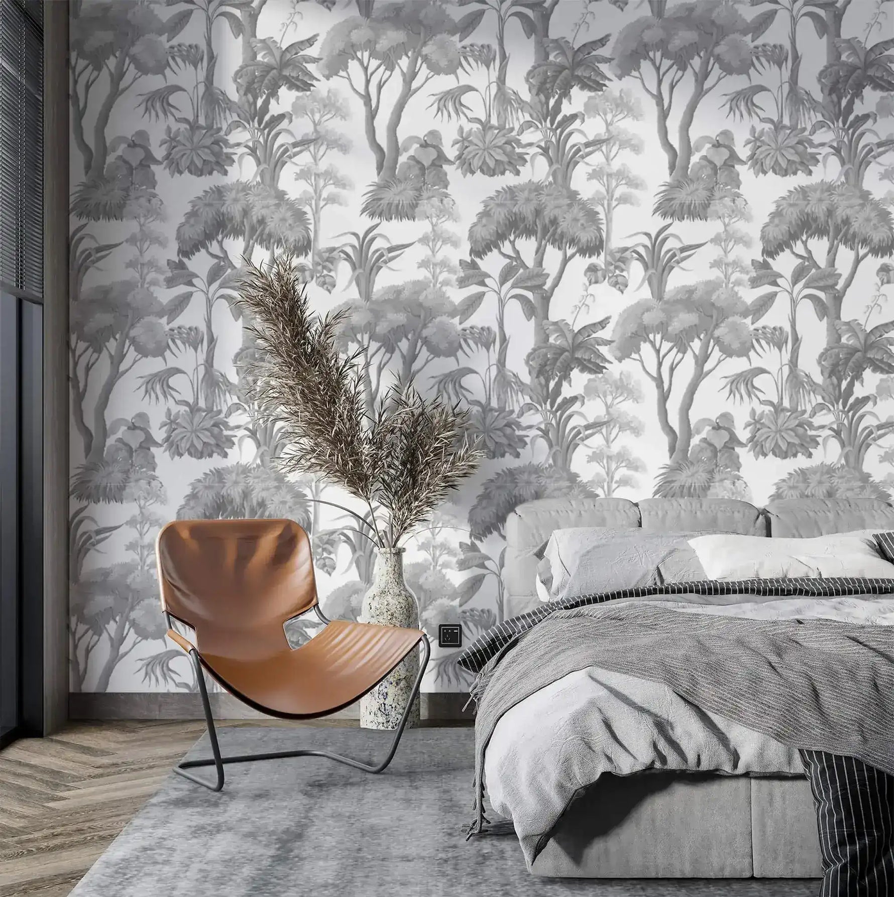 Bedroom feature wall in Grey Forest Serenity Wallpaper with tan chair and grey bed