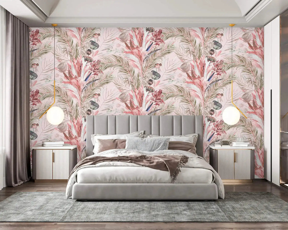 Bedroom with grey bed and globe pendants against pink tropic breeze frond wallpaper