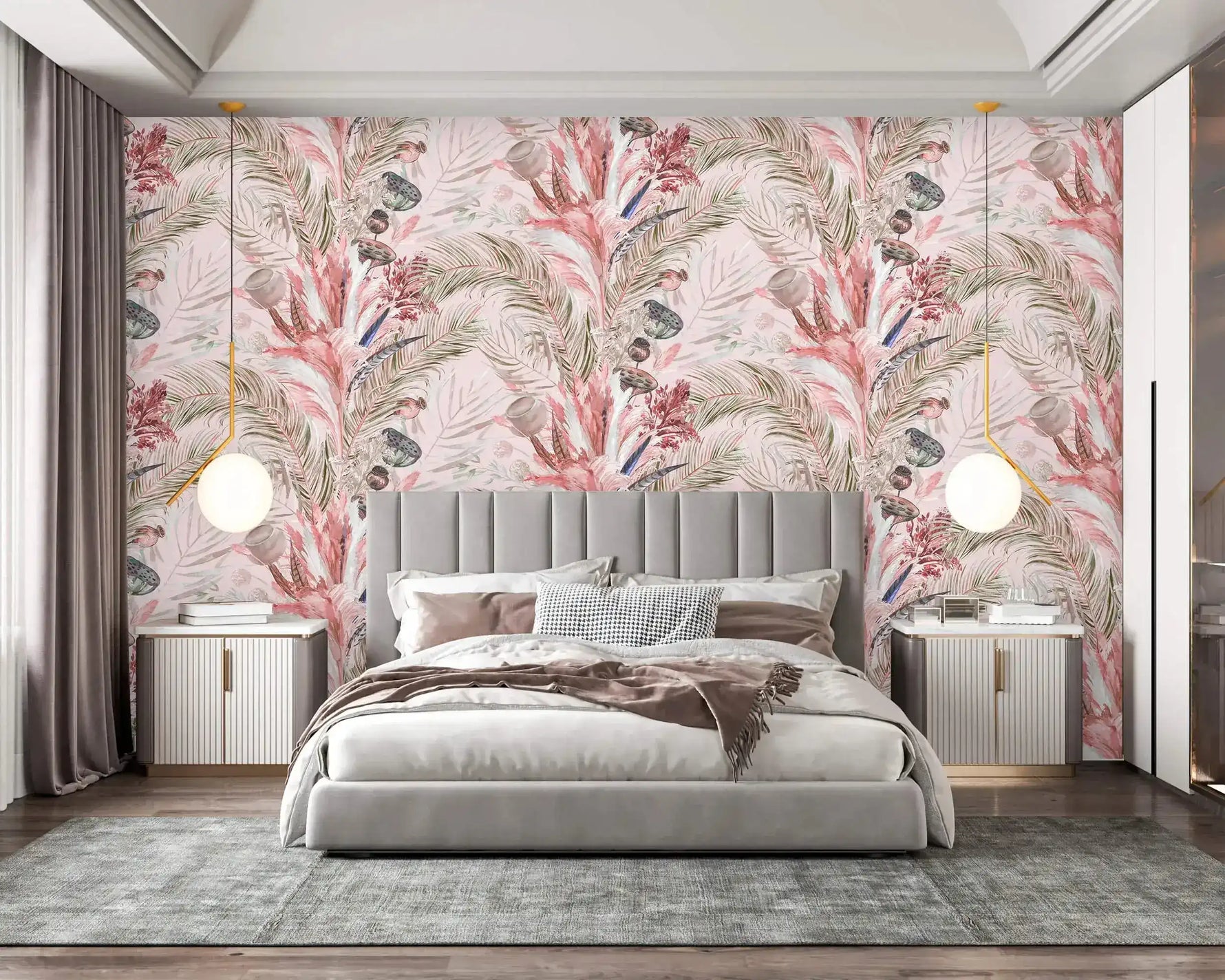 Bedroom with grey bed and globe pendants against pink tropic breeze frond wallpaper