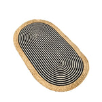 Stylish beige and black oval jute rug, perfect as an area rug for living rooms, bedrooms, or as a kitchen runner rug. Its unique design adds a touch of elegance to any space, whether used as a bathroom runner rug or hallway runner rug.