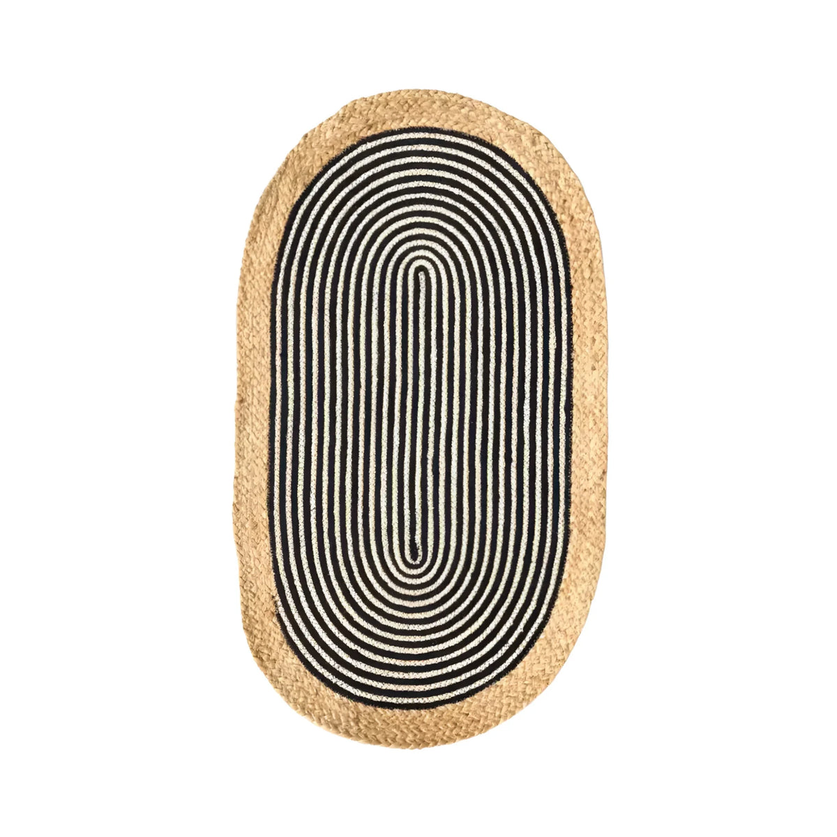 A stylish oval area rug crafted from jute with a beige and black striped design, ideal for adding a touch of elegance to any room. Perfect as a bathroom runner rug, kitchen rug, or in the living room, bedroom, and hallway.