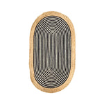 A stylish oval area rug crafted from jute with a beige and black striped design, ideal for adding a touch of elegance to any room. Perfect as a bathroom runner rug, kitchen rug, or in the living room, bedroom, and hallway.