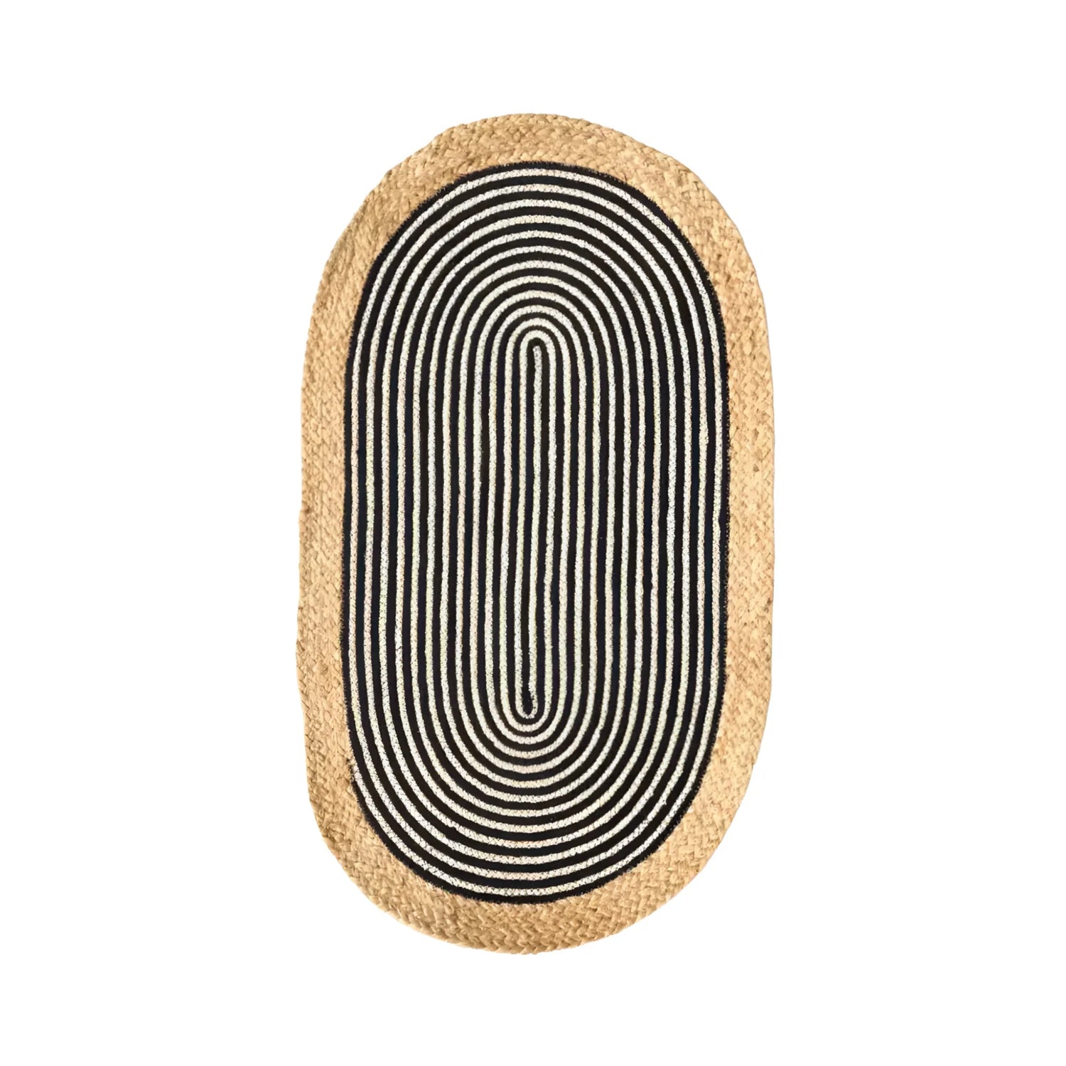 A stylish oval area rug crafted from jute with a beige and black striped design, ideal for adding a touch of elegance to any room. Perfect as a bathroom runner rug, kitchen rug, or in the living room, bedroom, and hallway.