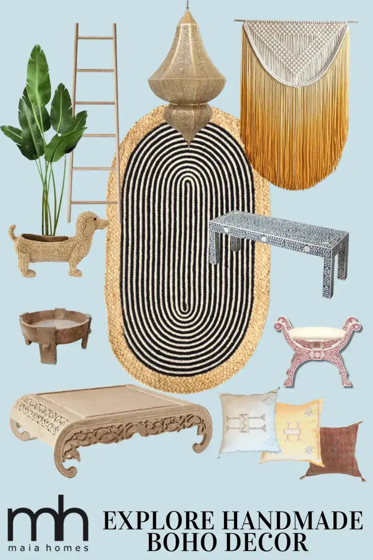 A stylish beige and black oval jute area rug showcased in a boho-themed decor setting. The rug's bold pattern makes it an ideal choice for a bathroom runner rug, kitchen rugs, or as a centerpiece in the living room and bedroom. Surrounded by bohemian furnishings, this jute rug effortlessly complements a variety of spaces, including hallway runner rugs and bedroom area rugs.