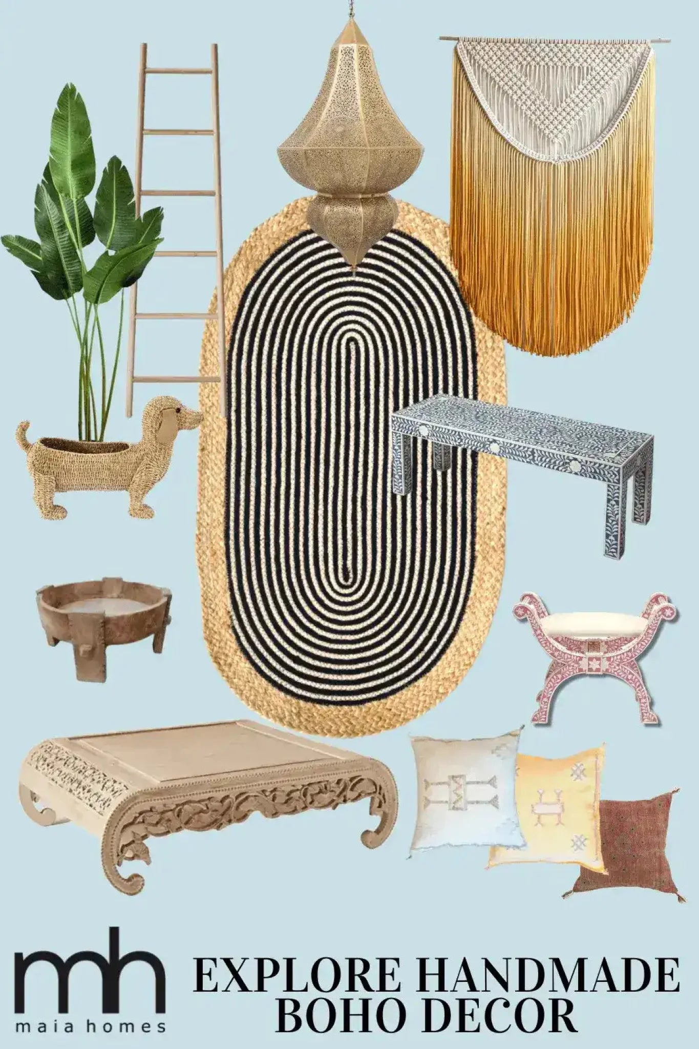 A stylish beige and black oval jute area rug showcased in a boho-themed decor setting. The rug's bold pattern makes it an ideal choice for a bathroom runner rug, kitchen rugs, or as a centerpiece in the living room and bedroom. Surrounded by bohemian furnishings, this jute rug effortlessly complements a variety of spaces, including hallway runner rugs and bedroom area rugs.