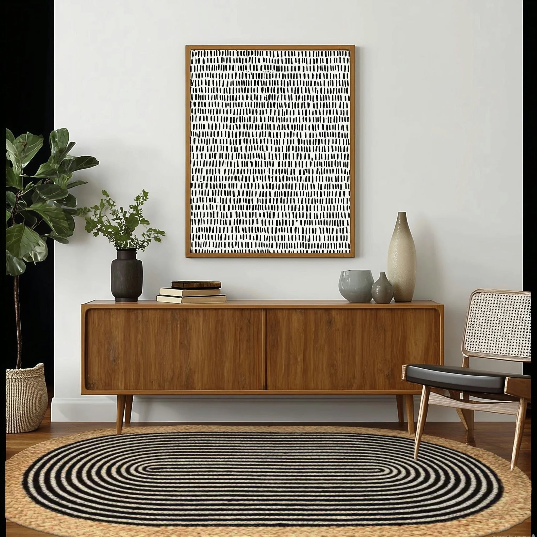 Beige and Black Oval Jute Rug