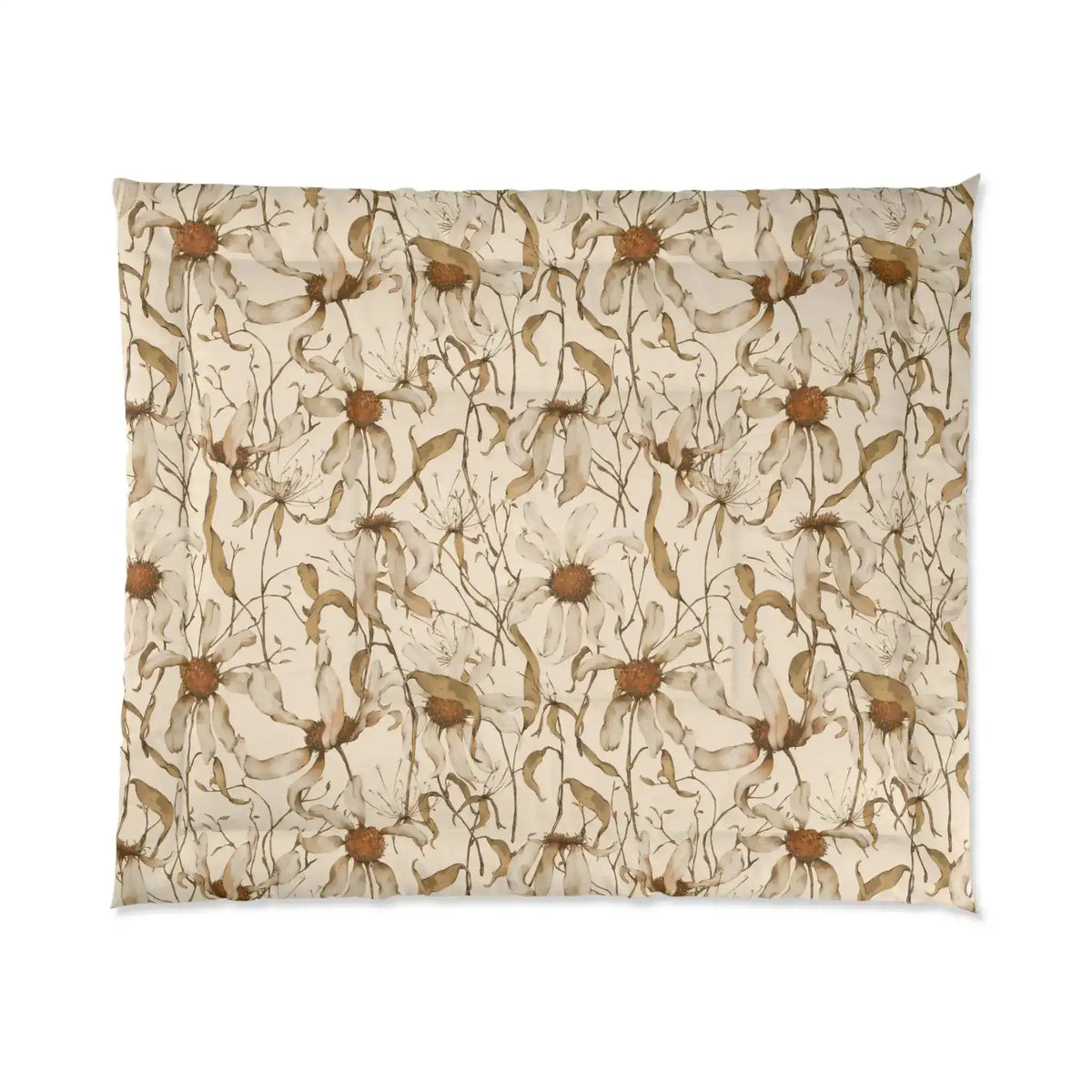 Beige Beauty comforter, watercolor wildflower print with rust daisy centers on a soft cream ground