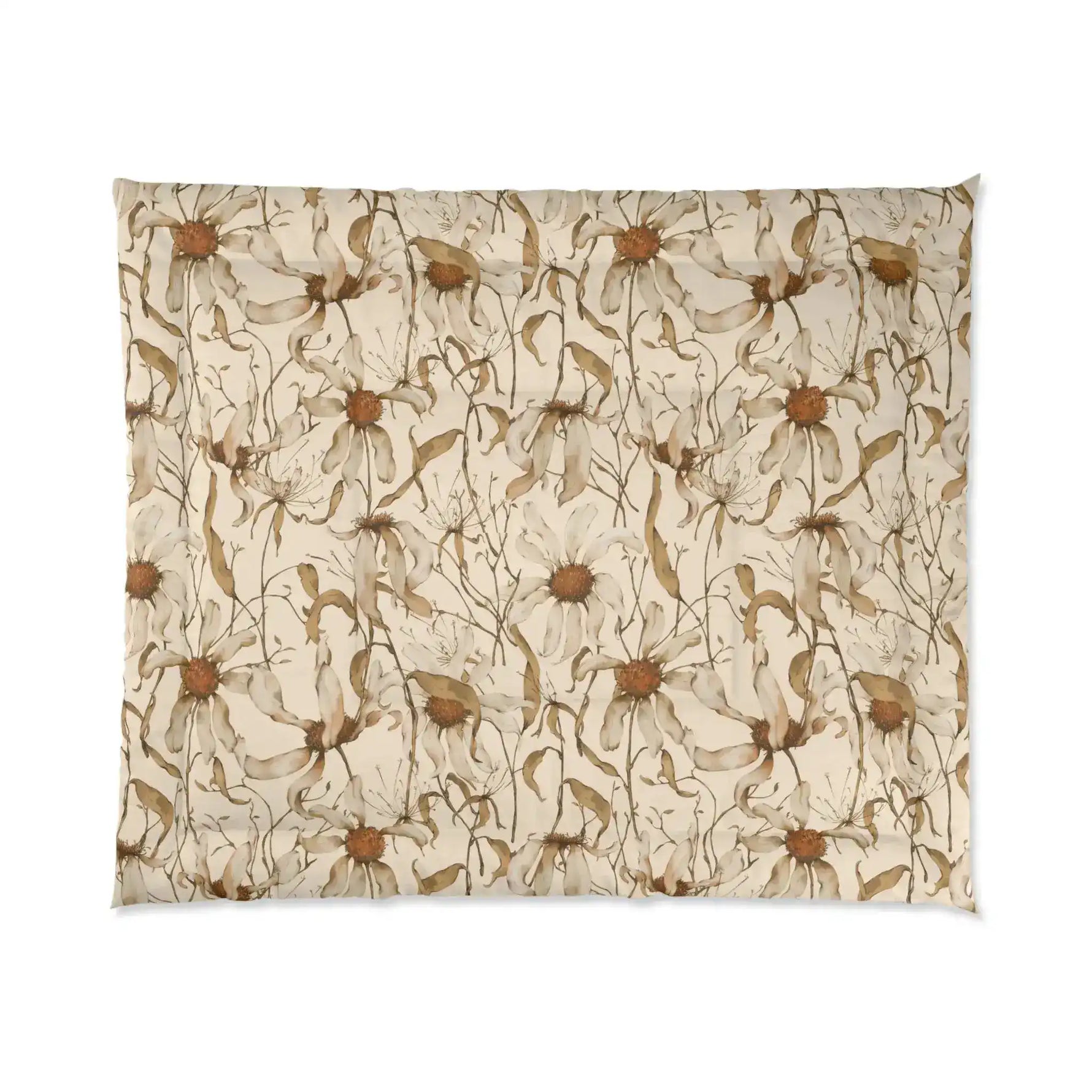Beige Beauty comforter, watercolor wildflower print with rust daisy centers on a soft cream ground