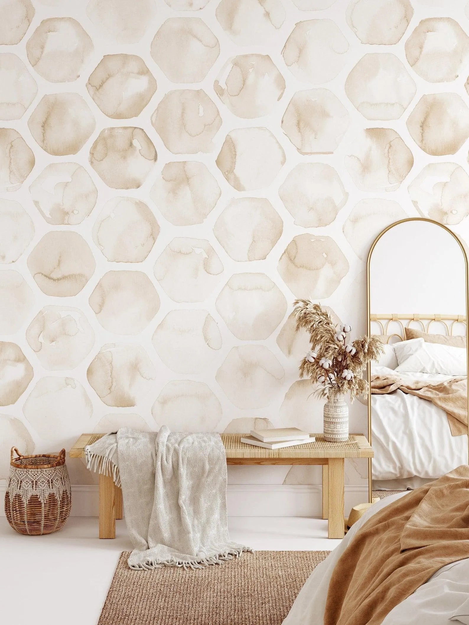 Beige Watercolor Honeycomb Wallpaper