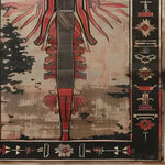 Close-up view of the 'Beneath the Pyramids' hand-knotted area rug showcasing intricate patterns and rich colors inspired by ancient Egyptian motifs. The rug features a detailed border with symbolic designs, perfect for adding a touch of history and elegance to any room.