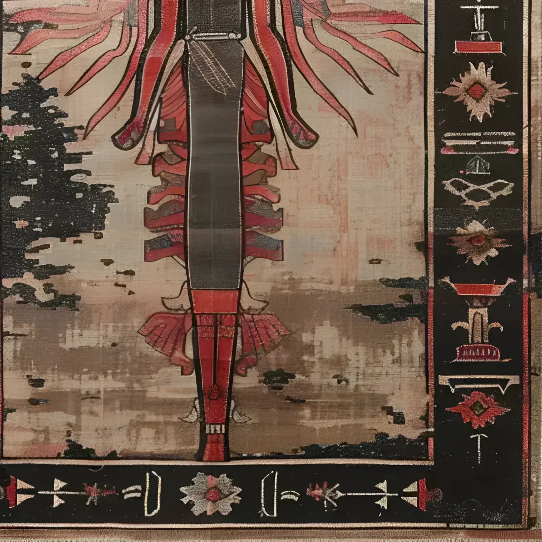 Close-up view of the 'Beneath the Pyramids' hand-knotted area rug showcasing intricate patterns and rich colors inspired by ancient Egyptian motifs. The rug features a detailed border with symbolic designs, perfect for adding a touch of history and elegance to any room.