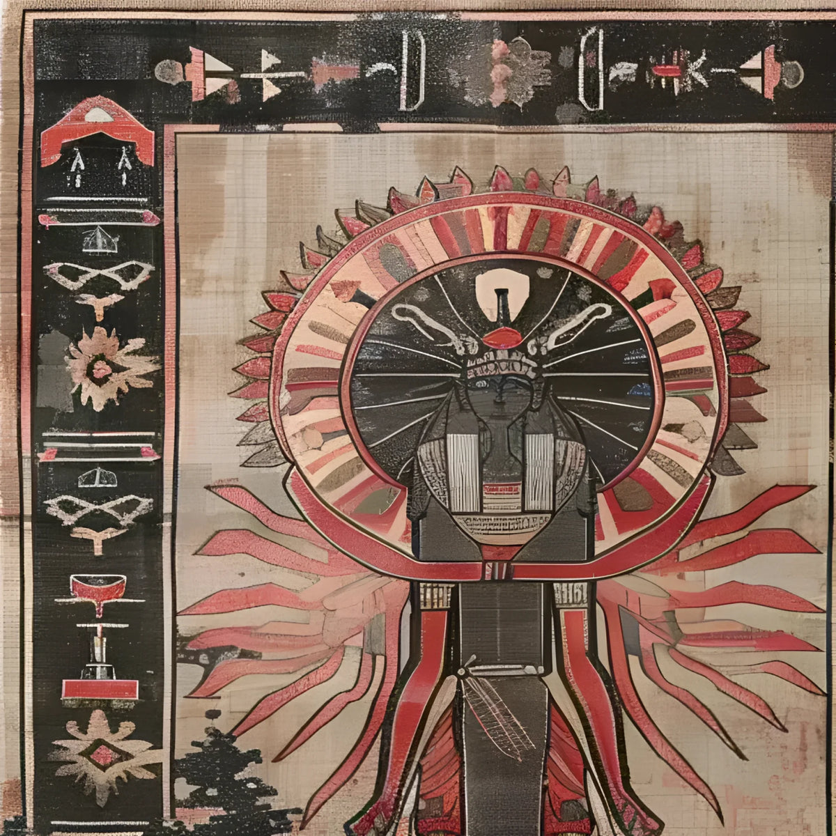 A richly detailed hand-knotted area rug titled 'Beneath the Pyramids' featuring a striking Egyptian-inspired design with intricate patterns and earthy colors. The central motif includes a stylized figure with sunburst elements, surrounded by geometric and symbolic borders, showcasing exquisite craftsmanship.