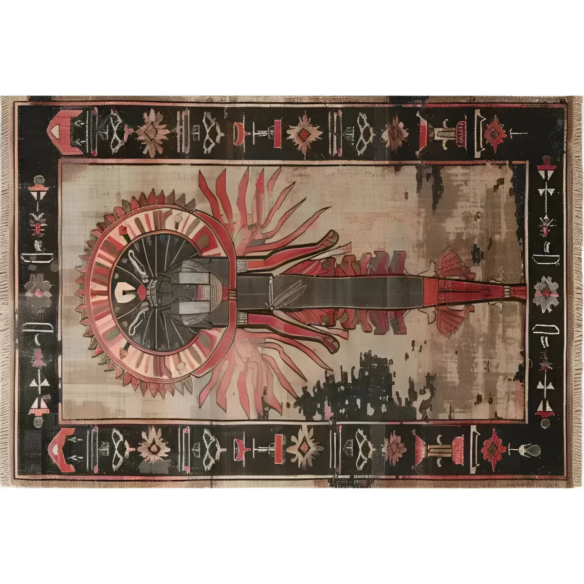 A beautifully designed hand-knotted area rug, showcasing an intricate ancient Egyptian motif with vibrant colors and detailed patterns, perfect for adding a touch of elegance to any room.
