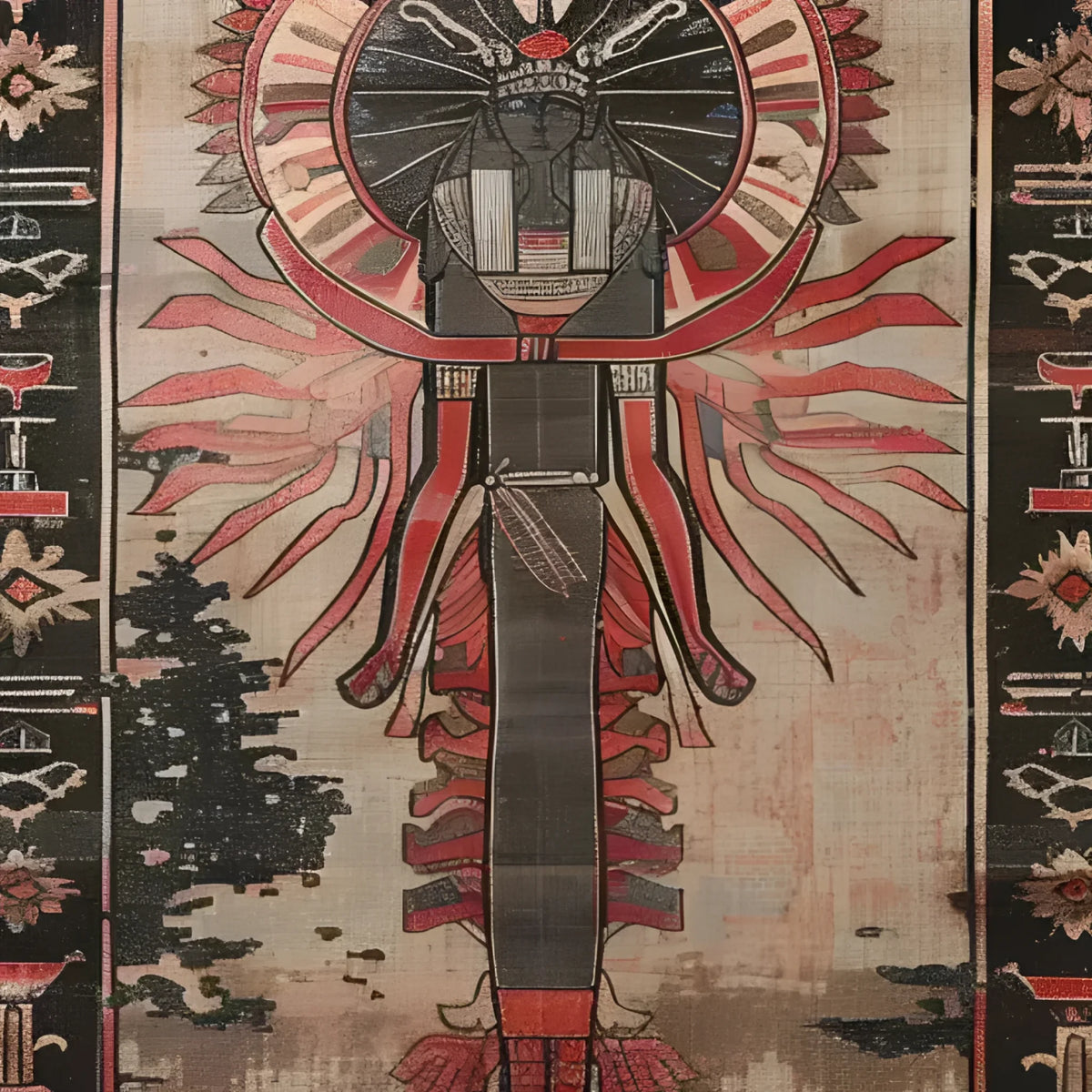 Intricately designed area rug featuring an abstract depiction inspired by ancient Egyptian motifs. The rug displays a central figure with vibrant red and earthy tones, surrounded by geometric patterns and floral elements, capturing a mystical and cultural essence.