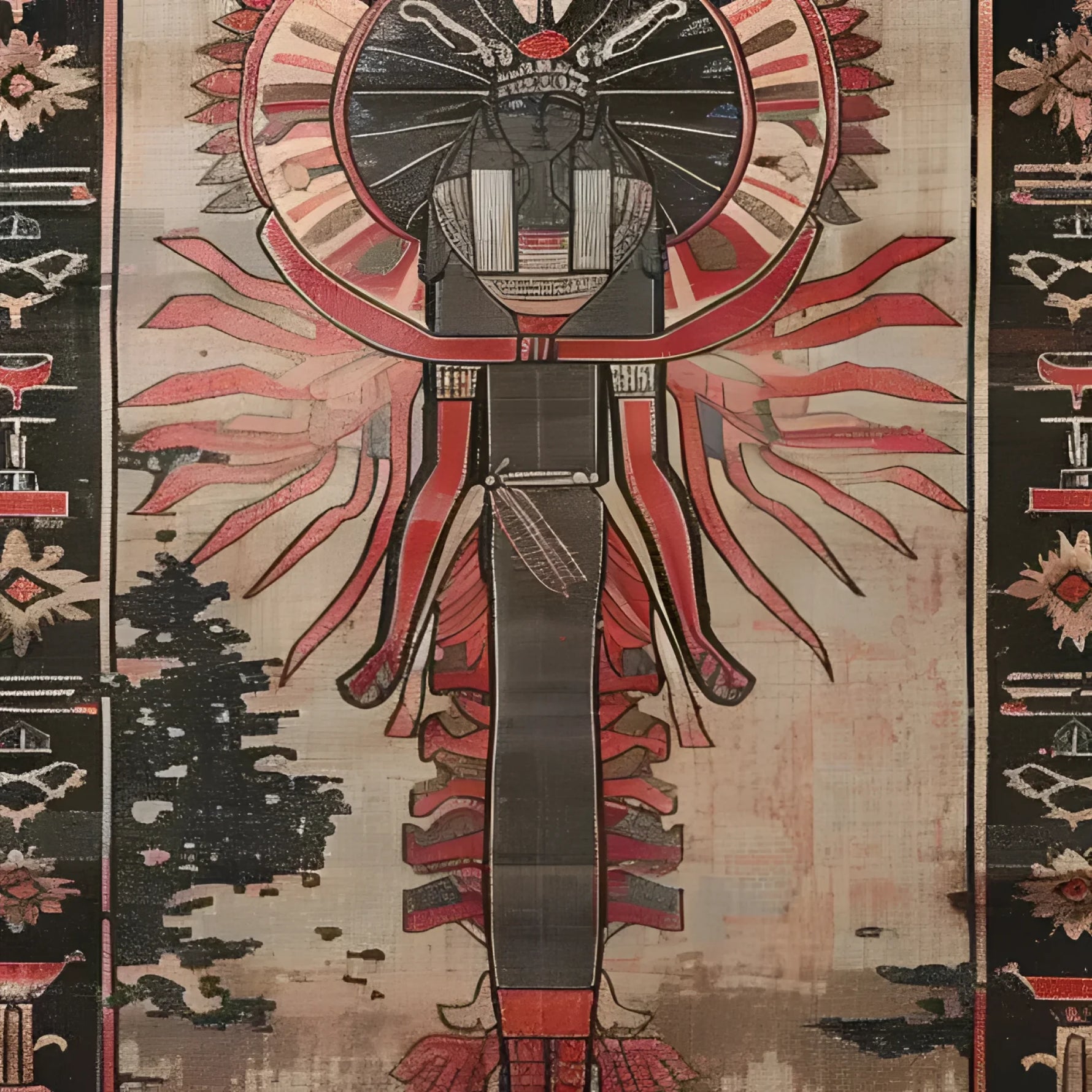 Intricately designed area rug featuring an abstract depiction inspired by ancient Egyptian motifs. The rug displays a central figure with vibrant red and earthy tones, surrounded by geometric patterns and floral elements, capturing a mystical and cultural essence.