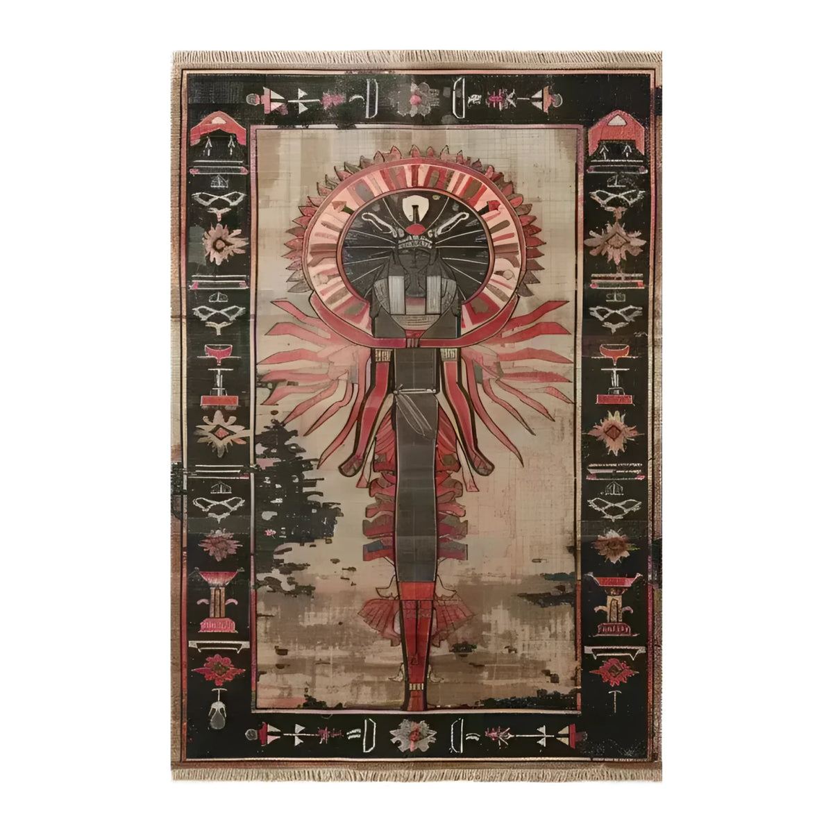 Beneath the Pyramids Hand Knotted Area Rug featuring an intricate design with bold geometric patterns and rich earthy tones, viewed from the top.