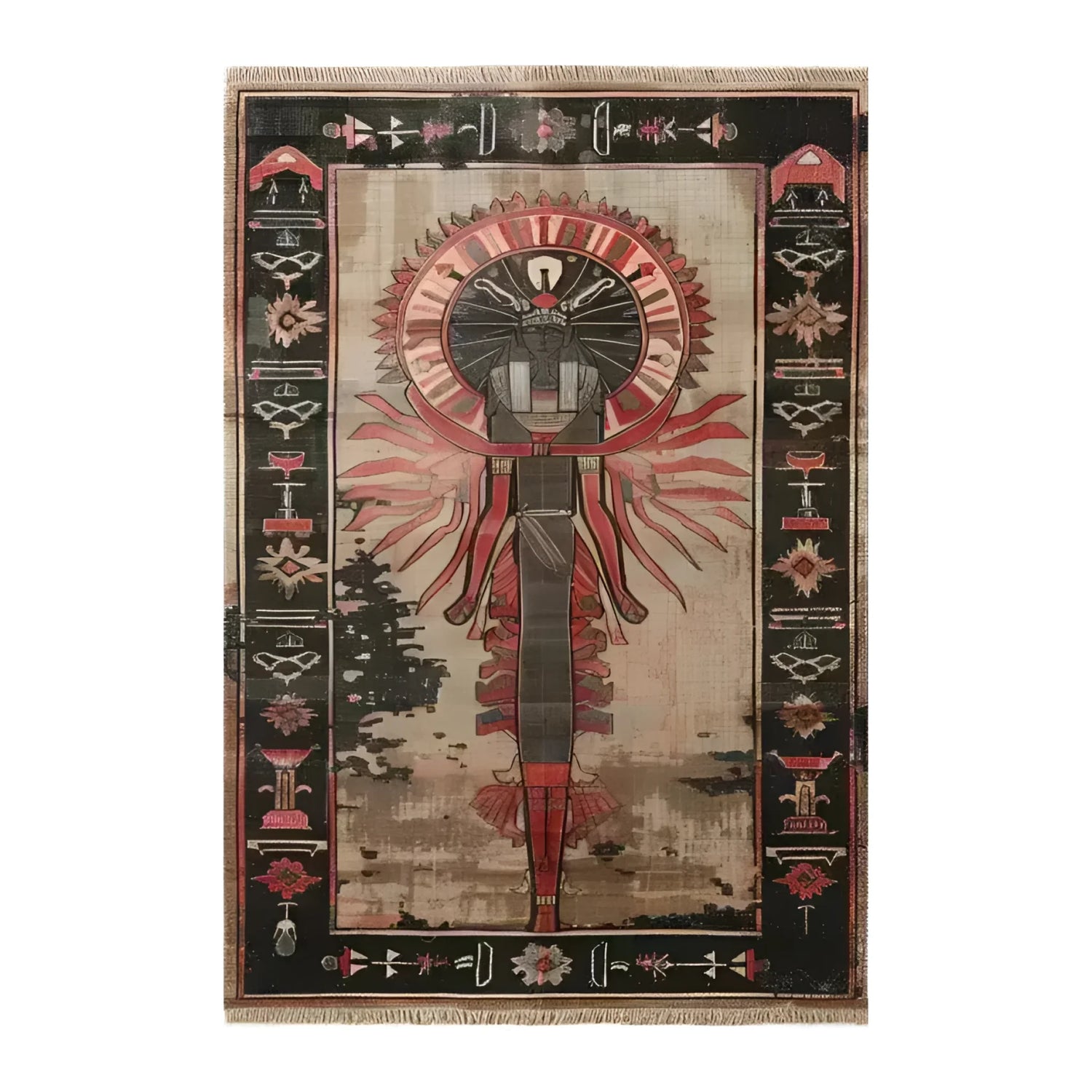 Beneath the Pyramids Hand Knotted Area Rug featuring an intricate design with bold geometric patterns and rich earthy tones, viewed from the top.