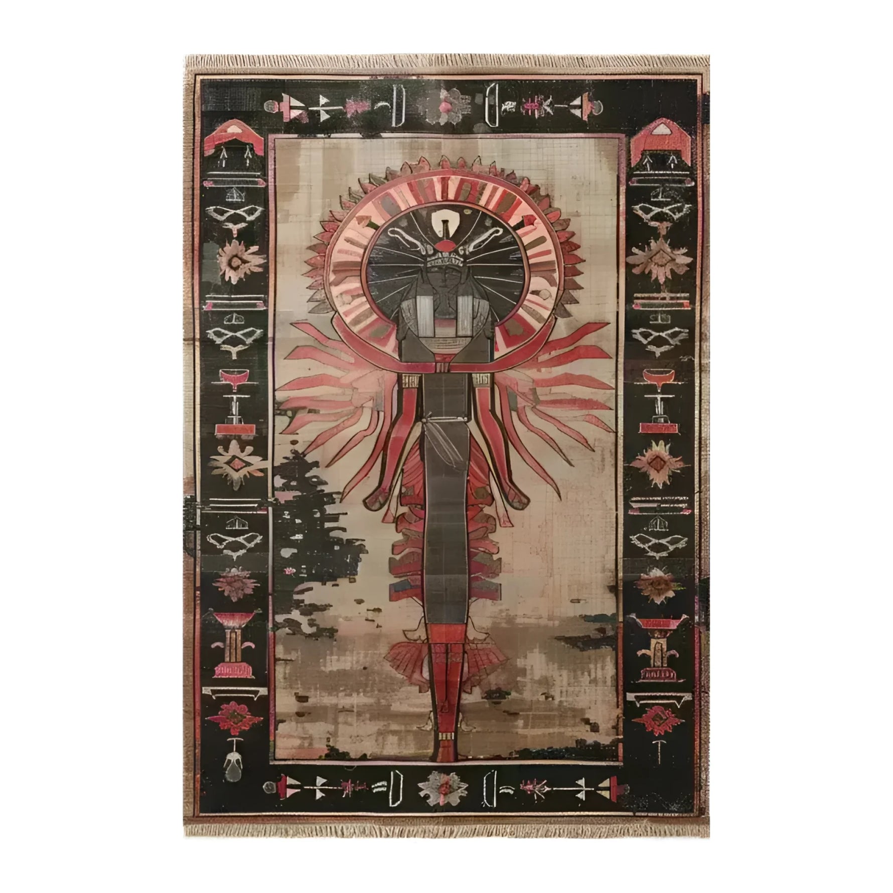Beneath the Pyramids Hand Knotted Area Rug featuring an intricate design with bold geometric patterns and rich earthy tones, viewed from the top.