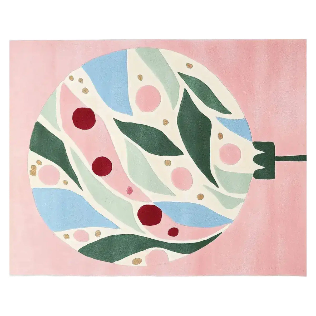 A vibrant Berry Leaf Bliss Hand Tufted Area Rug, perfect for large living rooms. The wool rug features a playful abstract design with bold green leaves, red and pink circles, and a mix of pastel colors on a soft pink background, making it an eye-catching centerpiece for any living room.