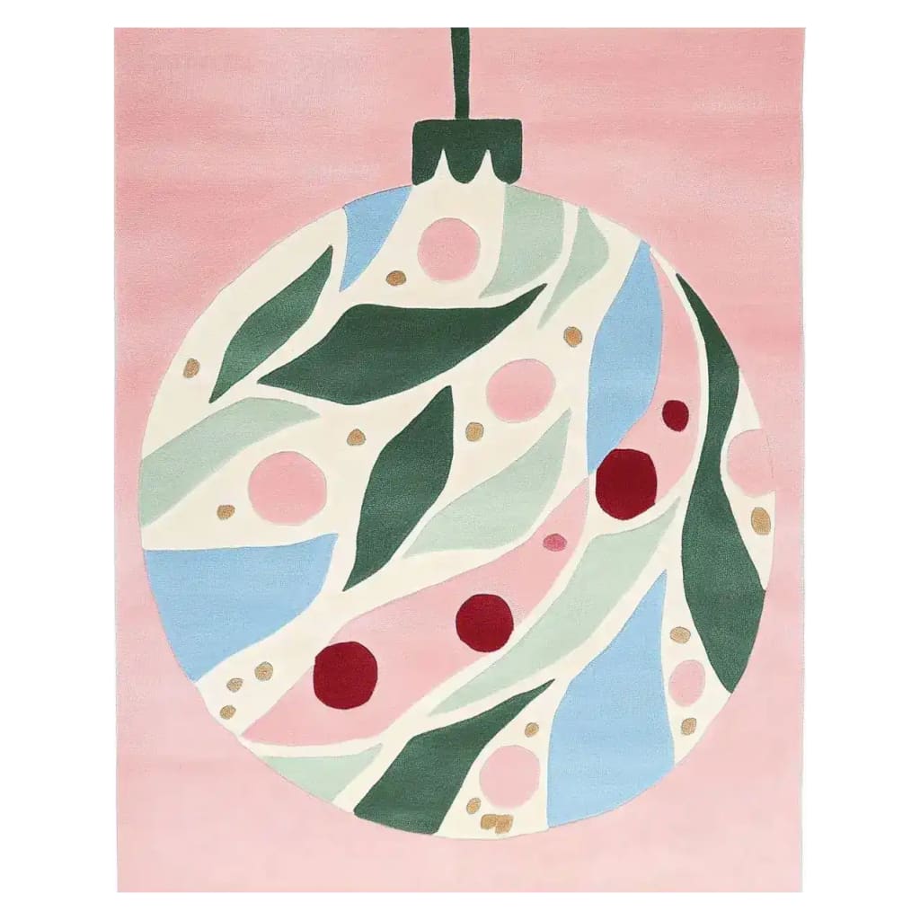 Berry Leaf Bliss Hand Tufted Area Rug featuring a pink background with an abstract circular design in the center. The design includes green leaves, red and pink berries, and light blue accents, ideal for large living room rugs or as a wool area rug for the living room.