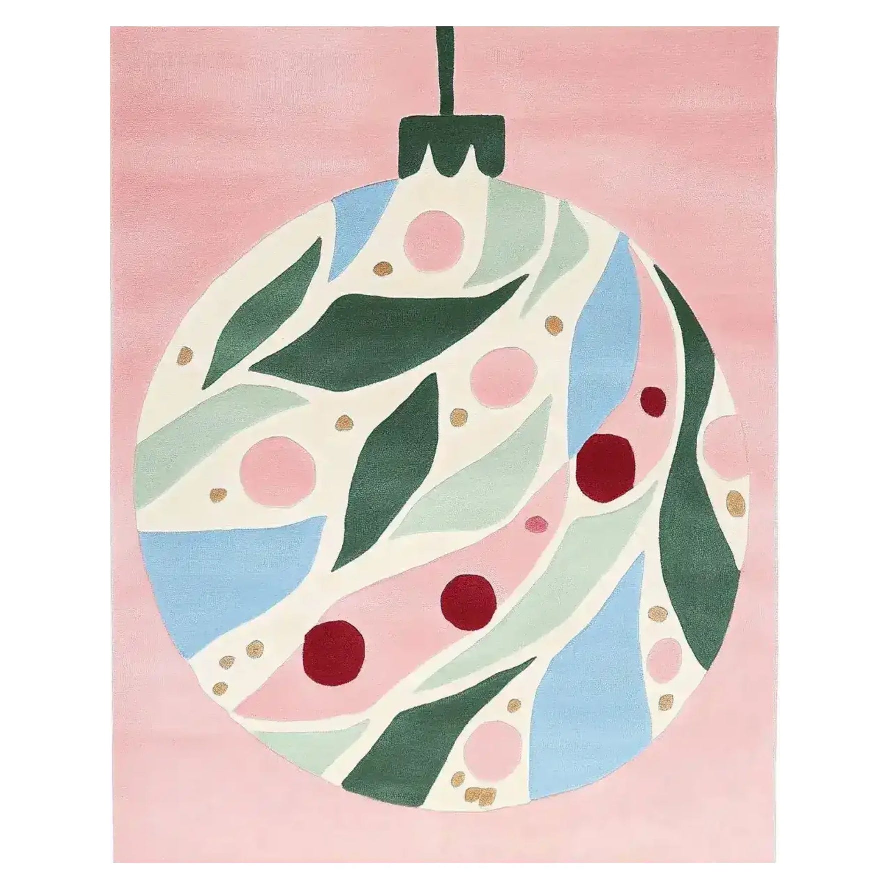 Berry Leaf Bliss Hand Tufted Area Rug featuring a pink background with an abstract circular design in the center. The design includes green leaves, red and pink berries, and light blue accents, ideal for large living room rugs or as a wool area rug for the living room.