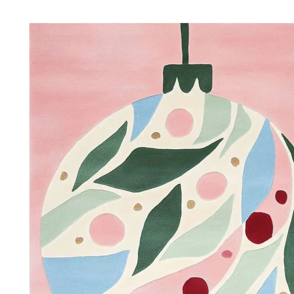 Close-up view of the Berry Leaf Bliss Hand Tufted Area Rug, highlighting its vibrant abstract design with green leaves and colorful shapes on a soft pink background. Perfect for large living room rugs, this wool rug adds a touch of artistic elegance, ideal as an area rug for living room spaces.