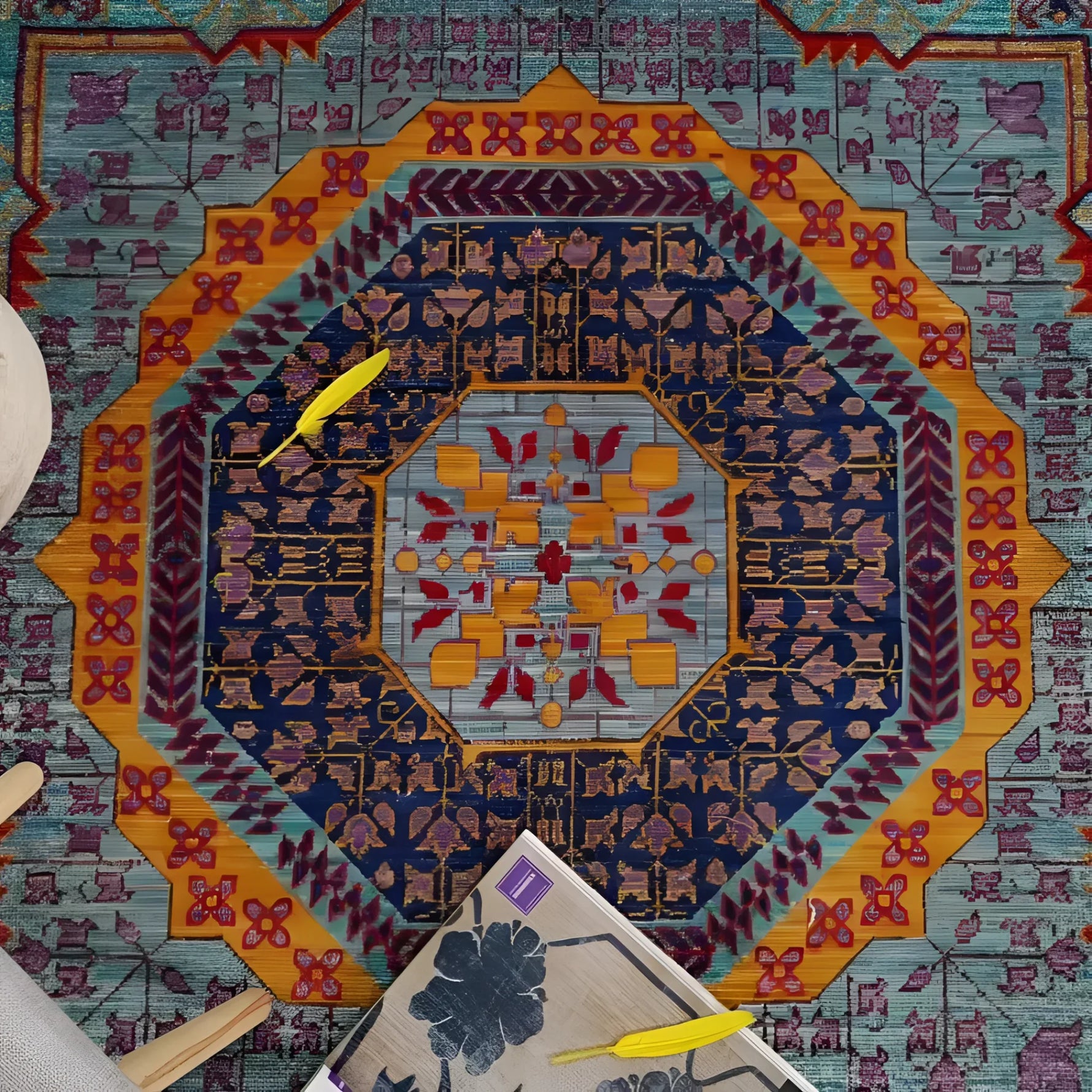 A beautifully detailed bespoke hand-knotted wool area rug featuring a vibrant geometric pattern with rich colors including orange, blue, and purple, complemented by intricate floral motifs. The image captures a top view of the rug, highlighting its exquisite craftsmanship and artistic design.
