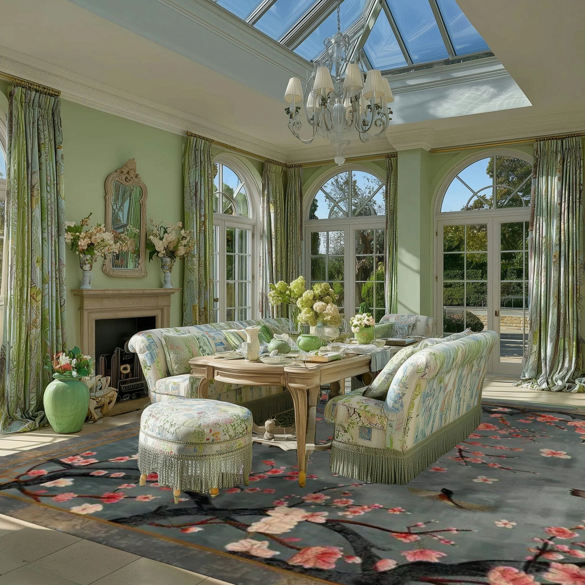 Bird and blossom rug in sunroom with floral sofas under a glass ceiling