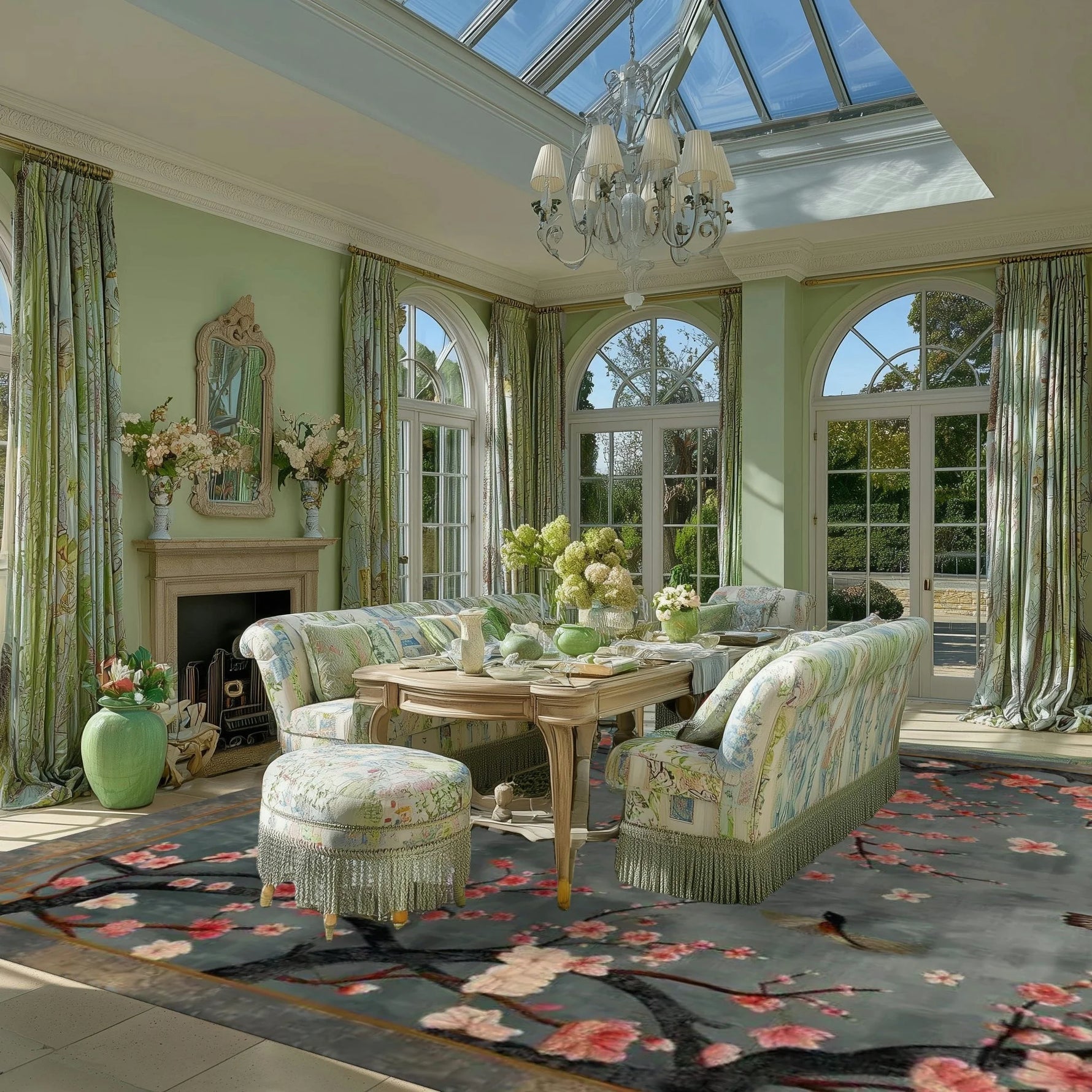 Bird and blossom rug in sunroom with floral sofas under a glass ceiling