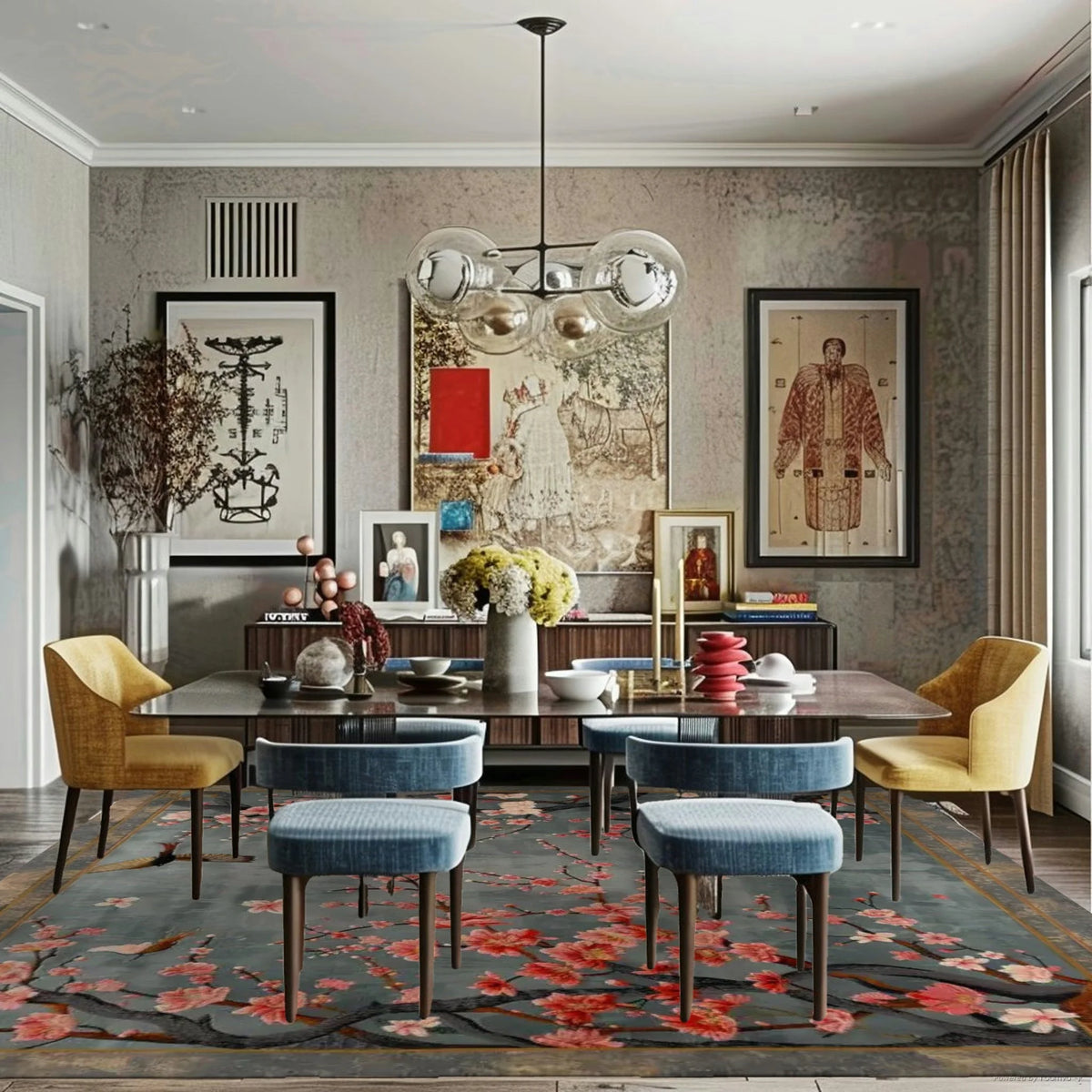 Bird and blossom rug under dining table with blue and yellow upholstered chairs