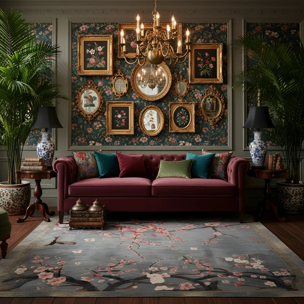 Bird and blossom tapestry rug on floor of cozy lounge with burgundy sofa and gallery wall