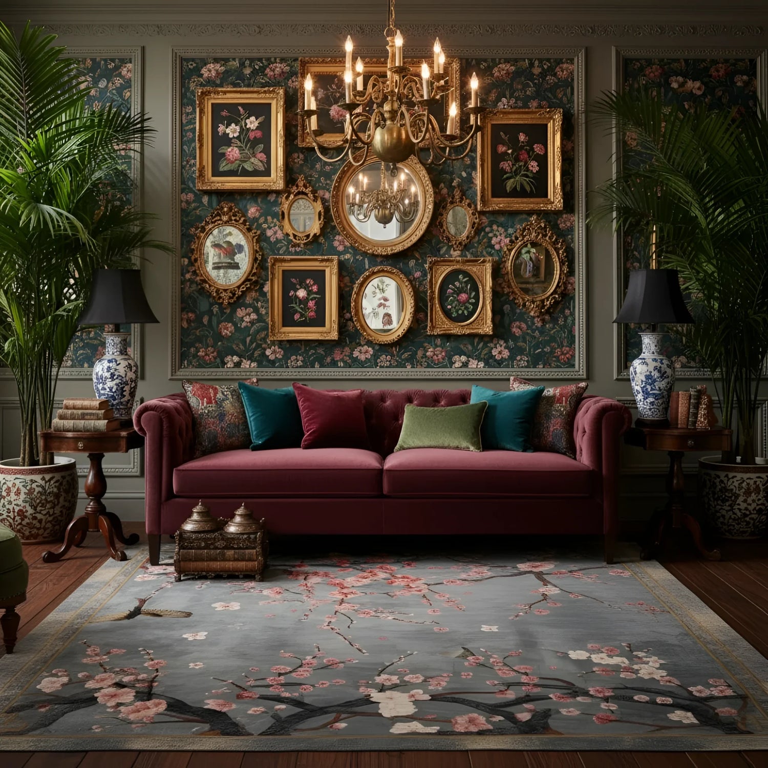 Bird and blossom tapestry rug on floor of cozy lounge with burgundy sofa and gallery wall