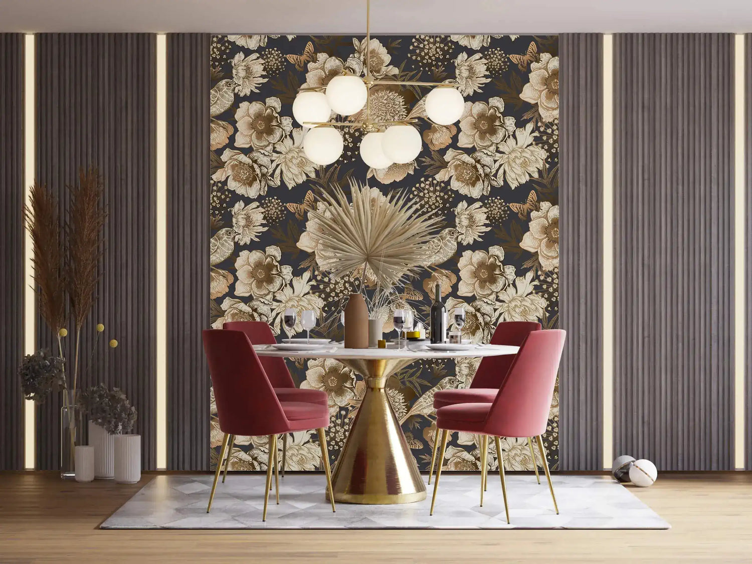 Bird garden wallpaper as dining room feature wall, sepia florals on navy behind red velvet chairs