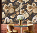 Bird garden wallpaper closeup of detailed sepia birds and peonies on charcoal in a dining nook