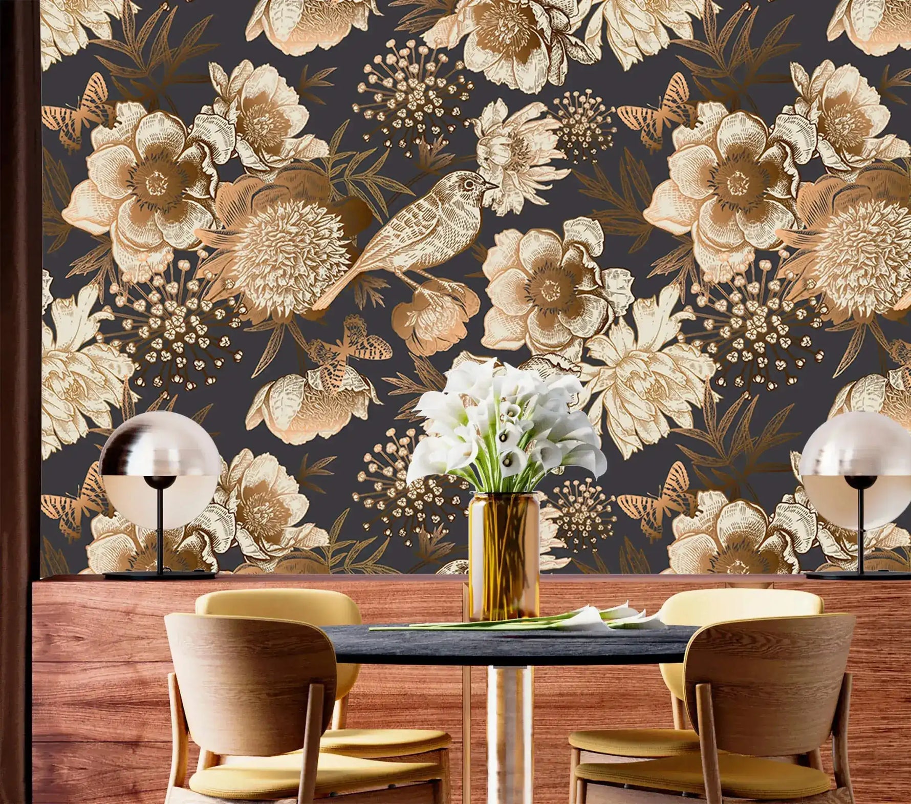 Bird garden wallpaper closeup of detailed sepia birds and peonies on charcoal in a dining nook