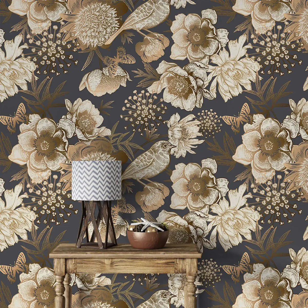 Bird garden wallpaper detail showing golden peonies, perched bird and butterflies on charcoal ground