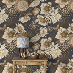 Bird garden wallpaper detail showing golden peonies, perched bird and butterflies on charcoal ground
