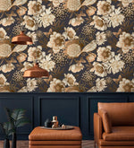 Bird garden wallpaper over navy paneling with copper pendants, golden florals and bird on dark ground