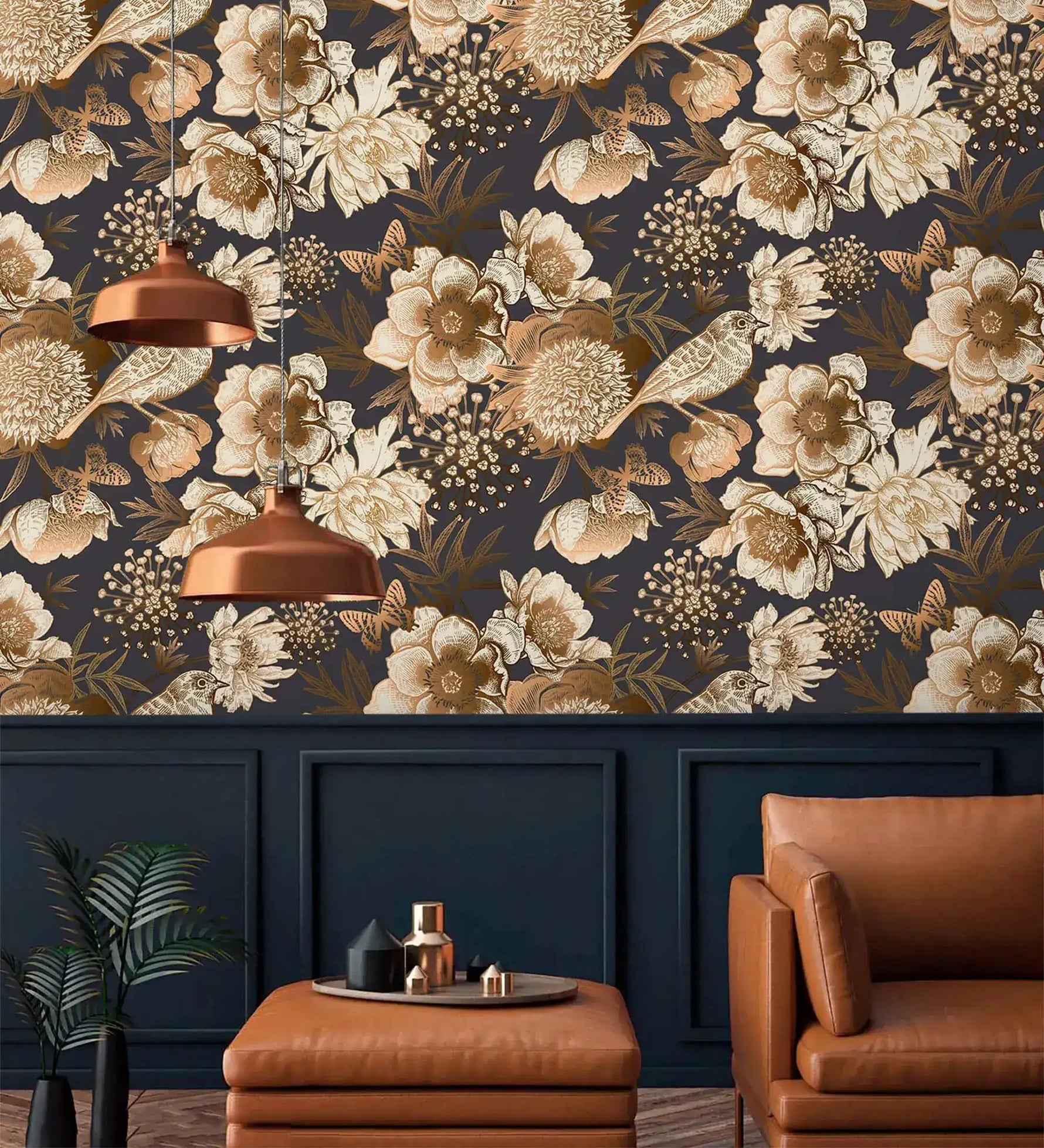 Bird garden wallpaper over navy paneling with copper pendants, golden florals and bird on dark ground