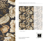 Bird garden wallpaper pattern detail and repeat sizing, sepia songbird and blooms on charcoal