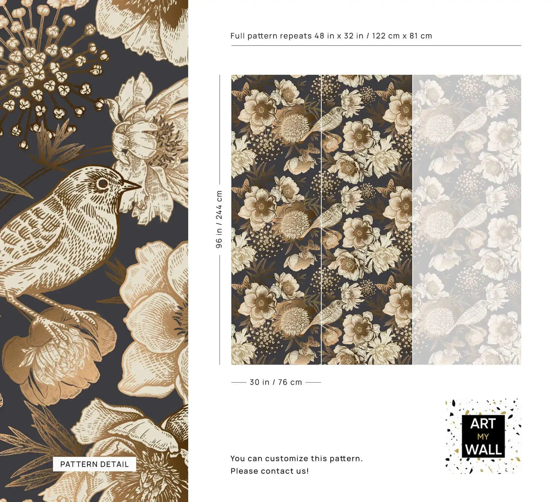 Bird garden wallpaper pattern detail and repeat sizing, sepia songbird and blooms on charcoal