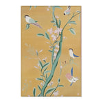 Golden yellow Birds and Blossoms Accent Rug with chinoiserie birds on flowering branches, stitched edge detail visible on flat lay