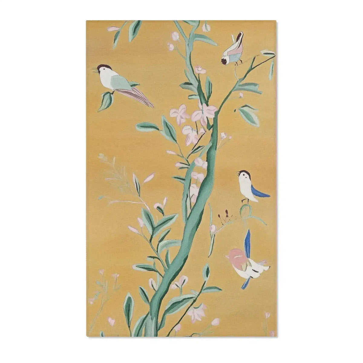 Golden yellow accent rug with chinoiserie birds perched on flowering green branches, painted botanical pattern on Birds and Blossoms Accent Rug