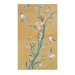 Golden yellow accent rug with chinoiserie birds perched on flowering green branches, painted botanical pattern on Birds and Blossoms Accent Rug