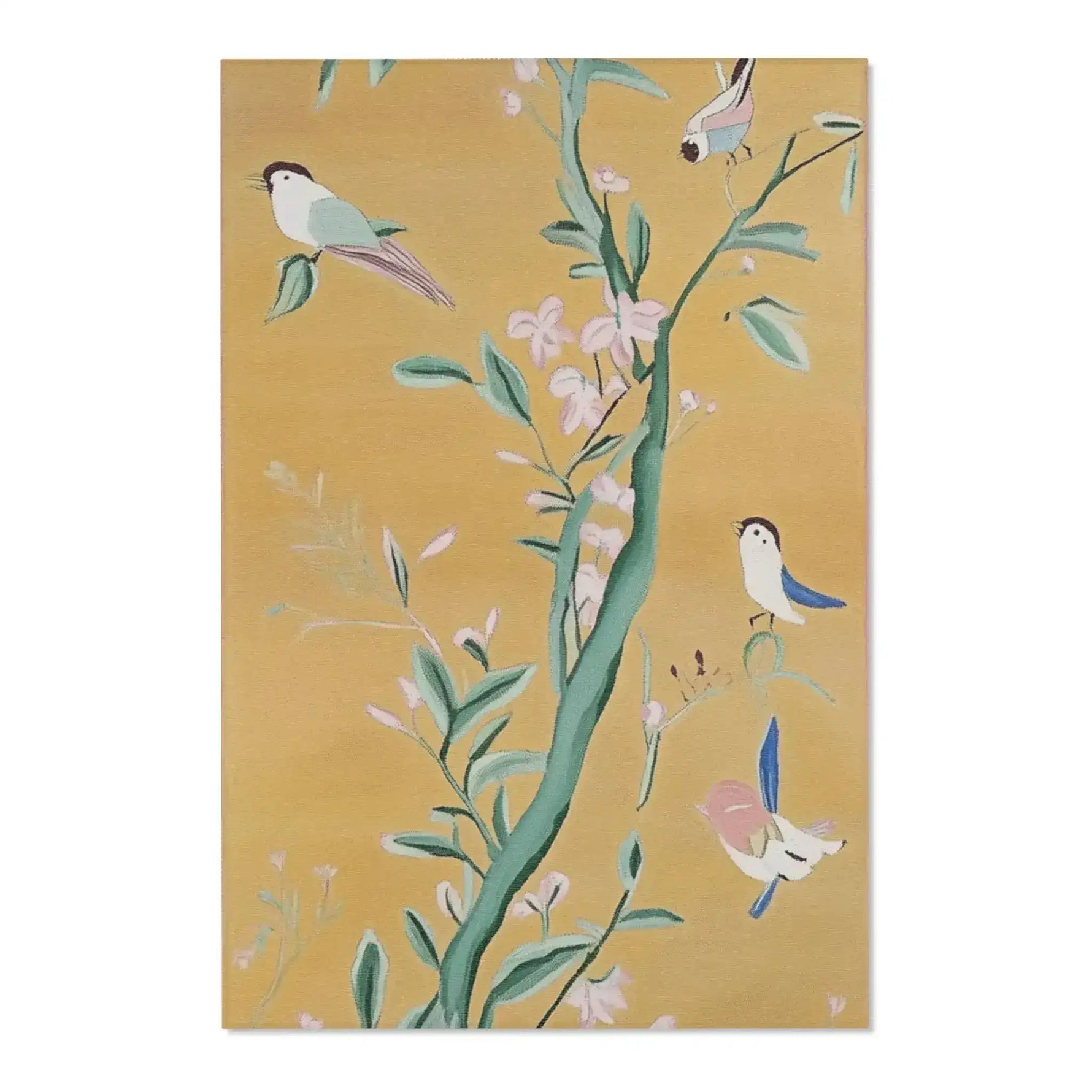 Tall portrait crop of Birds and Blossoms Accent Rug showing colorful birds on winding green branch against warm golden yellow ground