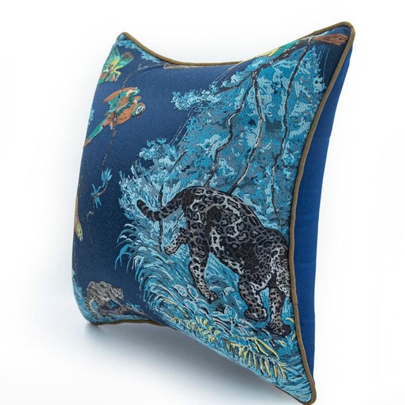 Birds and Wilderness Blue Jacquard Pillow Cover