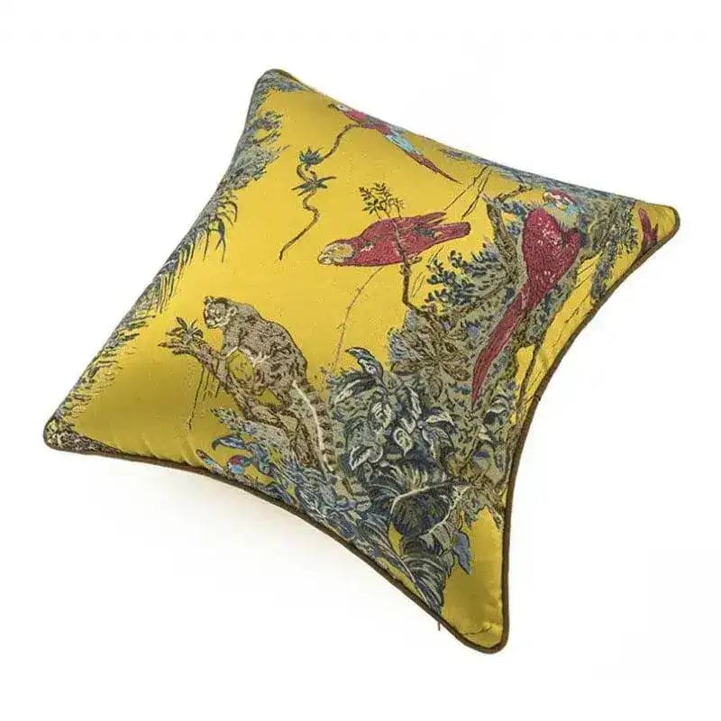 Golden jacquard throw pillow cover featuring vibrant birds and lush wilderness design, perfect for adding a touch of nature to your home decor.