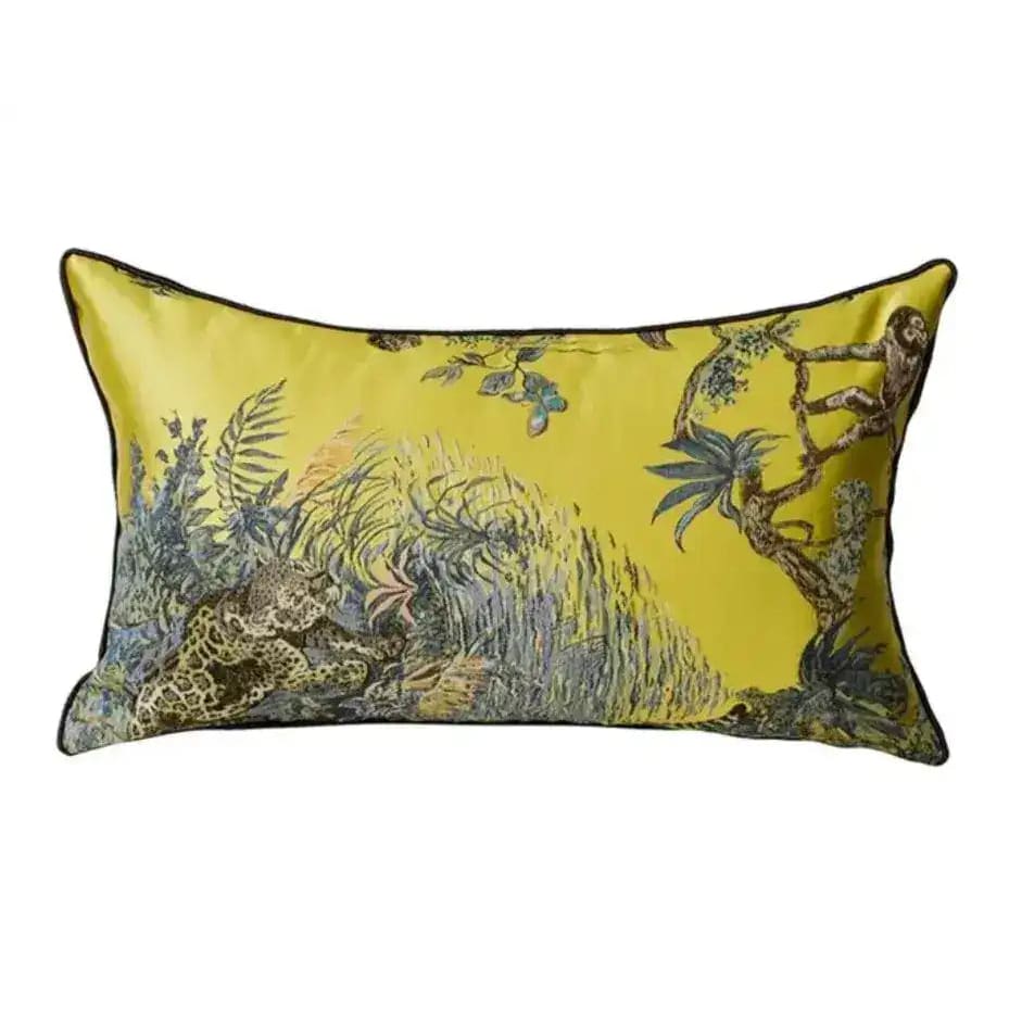 Golden jacquard throw pillow cover featuring a vibrant nature-inspired design with lush greenery and wildlife.