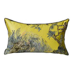 Golden jacquard throw pillow cover featuring a vibrant nature-inspired design with lush greenery and wildlife.