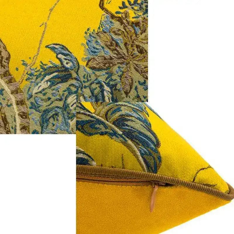 Golden Jacquard throw pillow cover featuring intricate bird and floral designs on a vibrant yellow background, perfect for adding a touch of wilderness to your home decor.